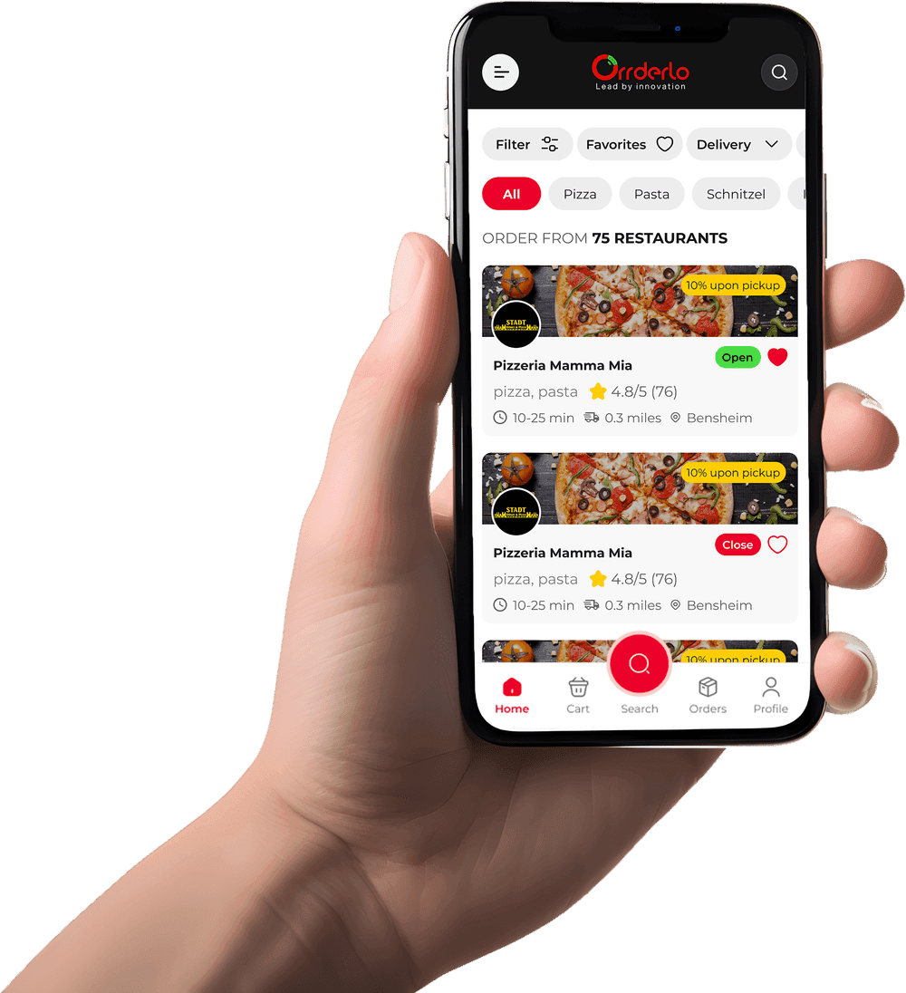 Orrderlo customer app on iOS listing local restaurants in Bensheim, with delivery and pickup filters